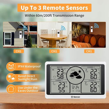 Geevon Weather Stations with 3 Indoor Outdoor Thermometer Multiple Wireless Sensors Digital Large LCD Display Indoor/Outdoor Temperature & Humidity Adjustable Backlight Alarm Clock & Snooze Barometer Comfort & Low Battery Indicator - Imported from UK